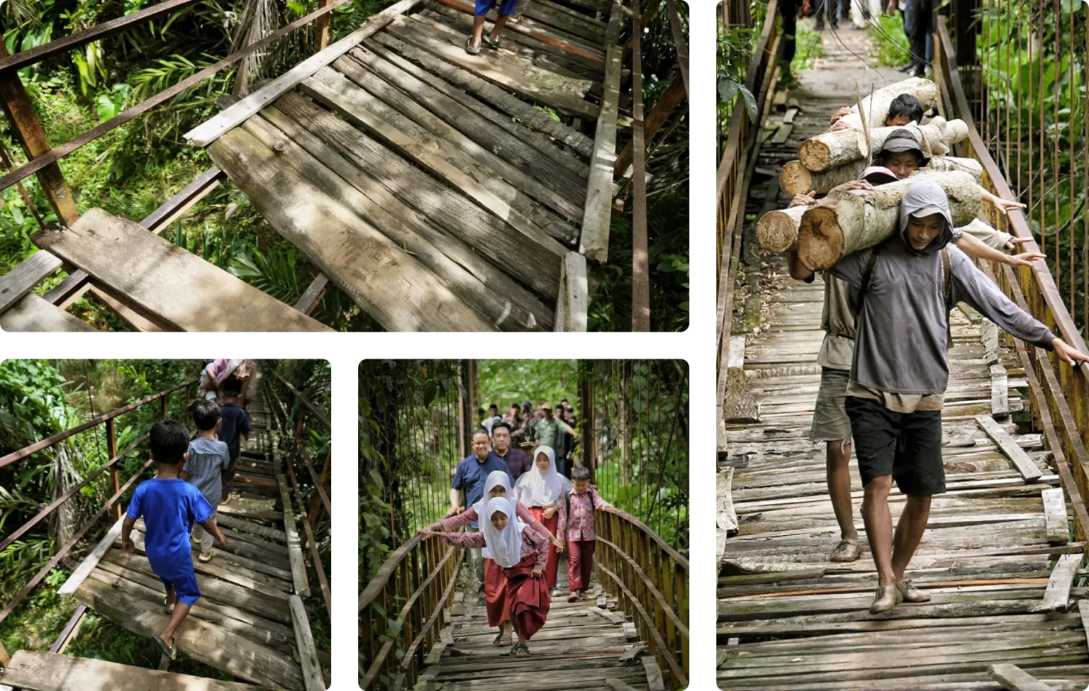 A rickety wooden bridge crosses over a lush green jungle, with people walking and carrying logs across. Rich vegetation surrounds the path.